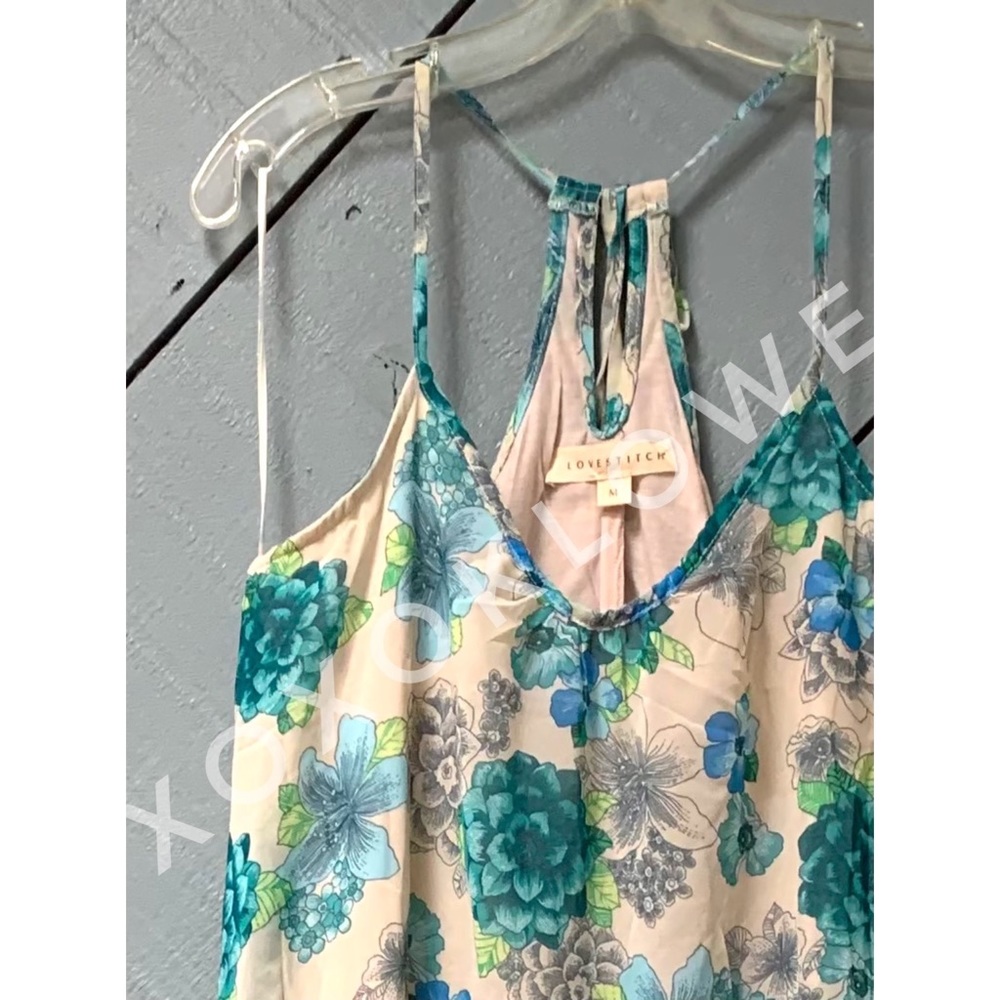 Blue & Green Vibrant Floral Print Maxi Dress Spaghetti Straps Uneven Hem
